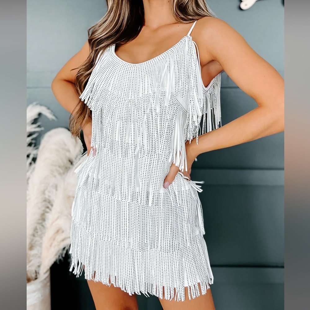 DAZZLING DIVA RHINESTONE FRINGE MINI DRESS (WHITE)